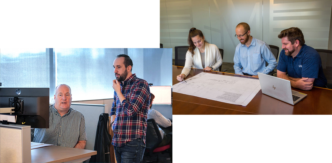 Employees collaborating at computer and team meeting